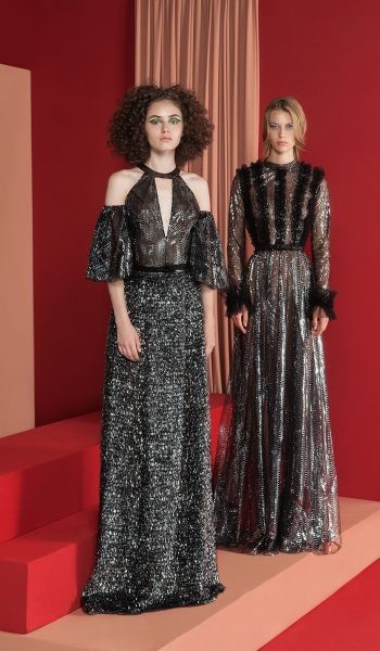 RAMI KADI-FW18-1 Black And Silver Aluminium Foiled Pleated Skirt And A Cut Out Bodice & FW18-2Black See Through Gown Fully Embelished With Aluminium Foil