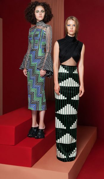 RAMI KADI-FW18-3 Geometrically Colored Point de Croix Fully Embroidered Pencil Dress With Bell Sleeves & FW18-4 Black Draped Bodice Complimented With A Fully Geometrical Leather Pencil Skirt