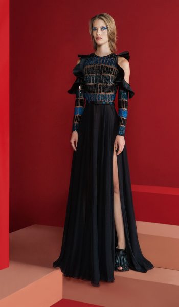 RAMI KADI-FW18-7 Black Cut Out Ruffled Shoulders Dress Embellished With 3D Matte And Shiny Sequins