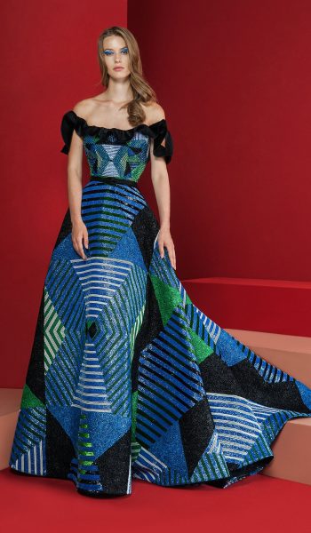 RAMI KADI FW18-19 Colored Ruffled Off Shoulder Ball Gown, Geometrically French Knotted With Raffia, Silk Threads And Braids
